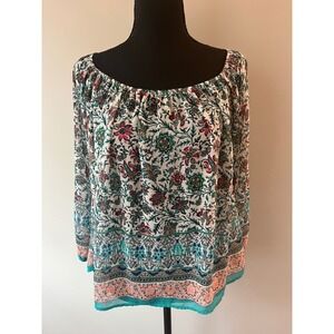Sage Women's Floral Paisley Long Sleeve Boho Blouse Teal Pink Small Made in USA